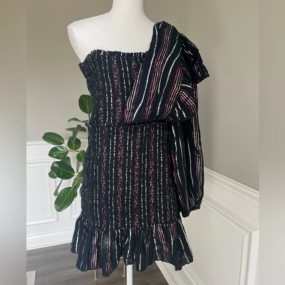 FARM RIO Lurex Stripes One-shoulder Mini Dress in Black M - Picture 5 of 11